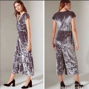 Urban Outfitters Gray Silver Crushed Velvet V Neck Wide Leg Cropped Jumpsuit